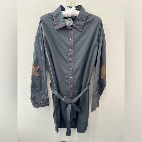 NATURAL LIFE Shirt Dress Gray Button Front Belted Star Elbow Patch NWT | Medium - Picture 1 of 8